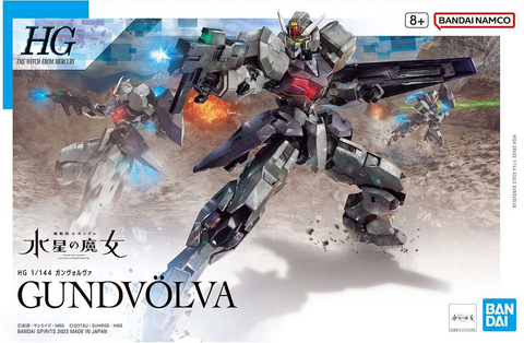 HG Gundvolva from Mobile Suit Gundam: The Witch from Mercury, showcasing the model kit in a dynamic pose against a minimalist background.