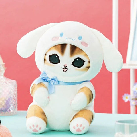 Mofusand x Sanrio Characters Big Plush Toy featuring an adorable Mofusand cat dressed as Cinnamoroll. Soft 16-inch collectible plush perfect for Sanrio fans, collectors, and cuddling.