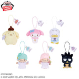 Official Capybara × Sanrio Characters Plush Mascot Vol. 1 collection featuring adorable plush mascots of Pompompurin, My Melody, Ahiru no Pekkle, Little Twin Stars (Kiki & Lala), and Badtz-Maru in a cute Capybara collaboration. 