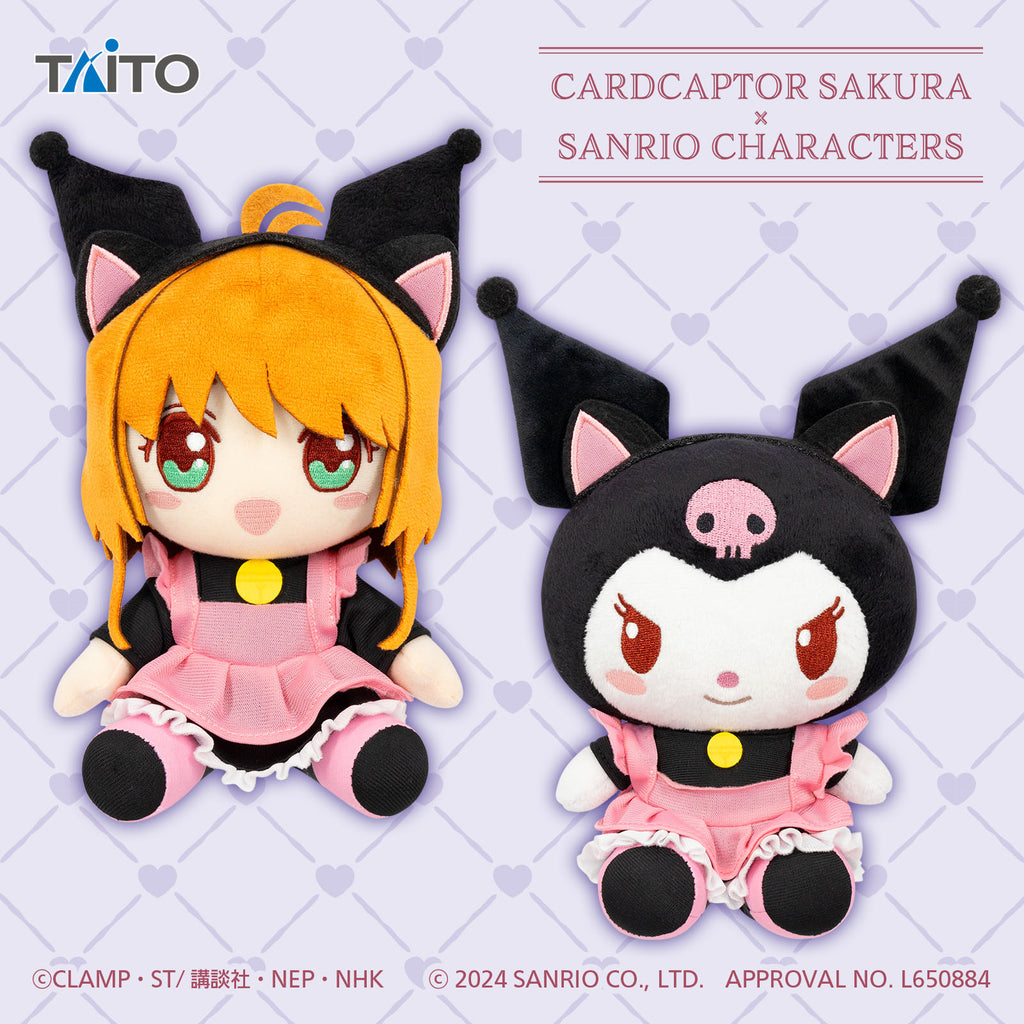 Official TAITO Cardcaptor Sakura x Sanrio Characters Kuromi plush wearing a pink Sakura-inspired outfit with embroidered details, approximately 8 inches tall.