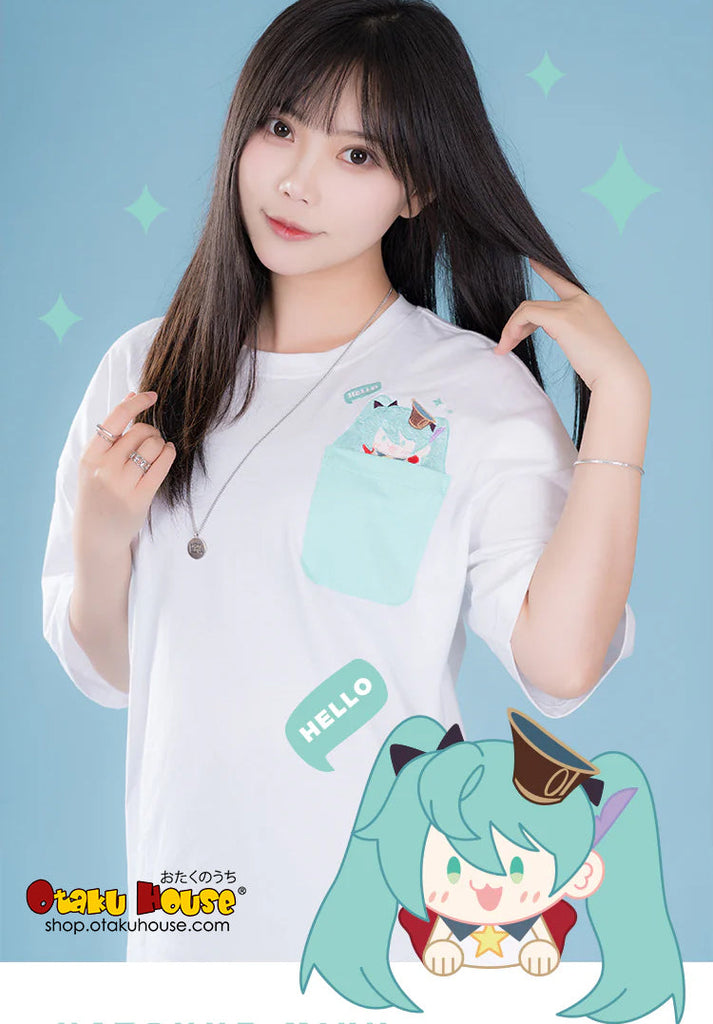 Sleepy Hatsune Miku Embroidered T-Shirt (Mint)