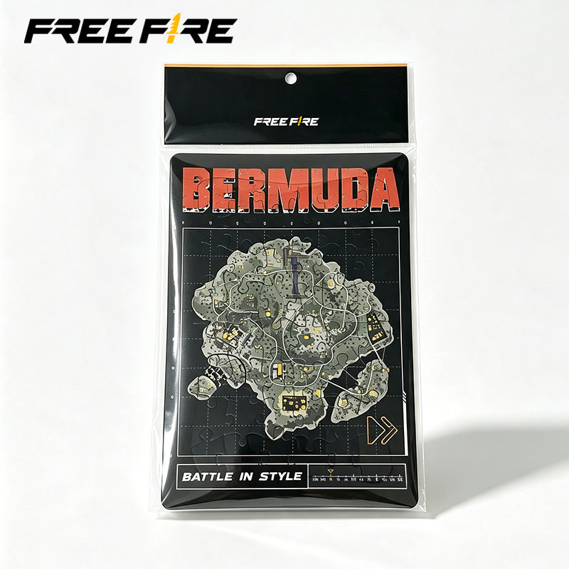Free Fire Bermuda and NexTerra Map Jigsaw Puzzle Set featuring two detailed game maps in black rectangular frames.
