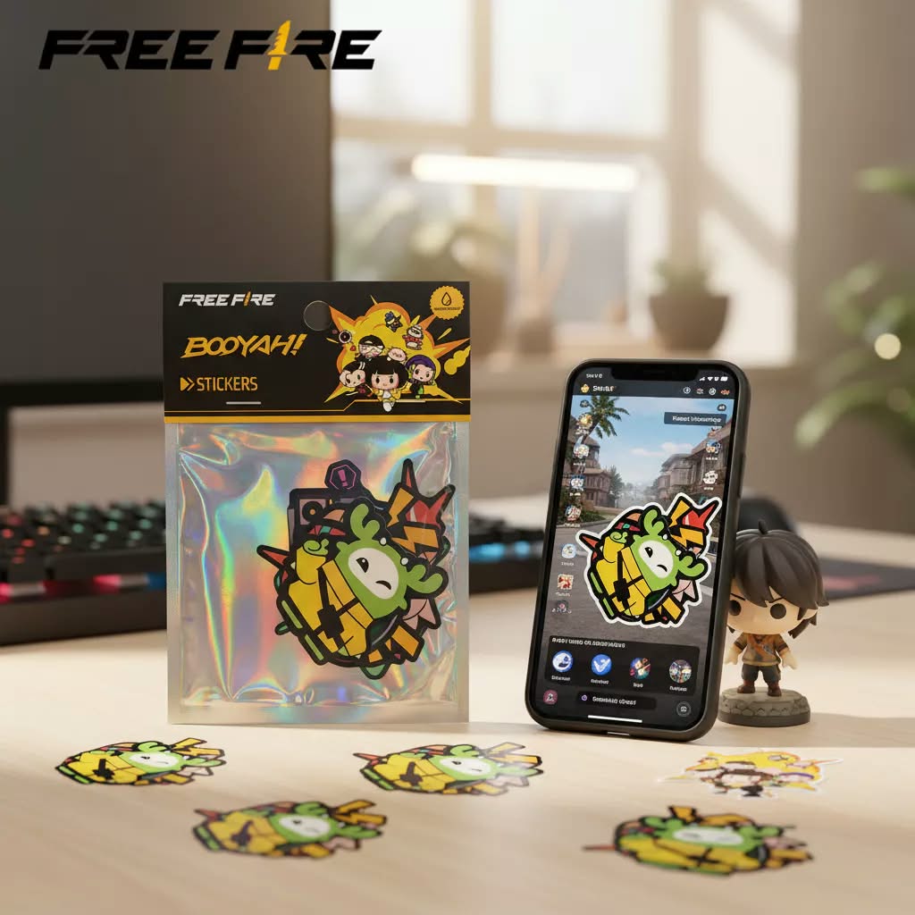 Free Fire Booyah! sticker set featuring colourful game-inspired character designs, displayed on a holographic package, desk, and smartphone.