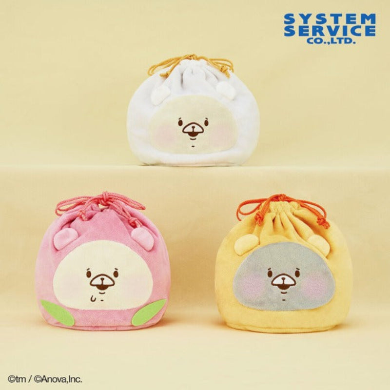 Tomodachi wa Kuma Bear Shaped Steamed Bun Drawstring Bag Plush Pouch - Bear, Baby Bear and Moon Bear (7 Inches)