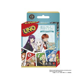 UNO card game featuring Frieren: Beyond Journey’s End characters Frieren, Fern, and Stark on the packaging, with anime-themed playing cards.