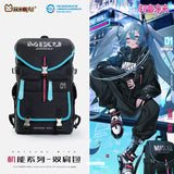 Hatsune Miku Moeyu multi-functional black backpack with turquoise and pink accents, featuring multiple compartments, front pockets, adjustable shoulder straps, and buckle details, shown from the front and back.