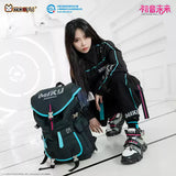Hatsune Miku Moeyu multi-functional black backpack with turquoise and pink accents, featuring multiple compartments, front pockets, adjustable shoulder straps, and buckle details, shown from the front and back.