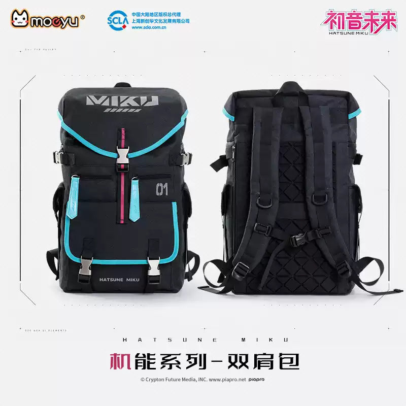 Hatsune Miku Moeyu multi-functional black backpack with turquoise and pink accents, featuring multiple compartments, front pockets, adjustable shoulder straps, and buckle details, shown from the front and back.