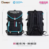 Hatsune Miku Moeyu multi-functional black backpack with turquoise and pink accents, featuring multiple compartments, front pockets, adjustable shoulder straps, and buckle details, shown from the front and back.