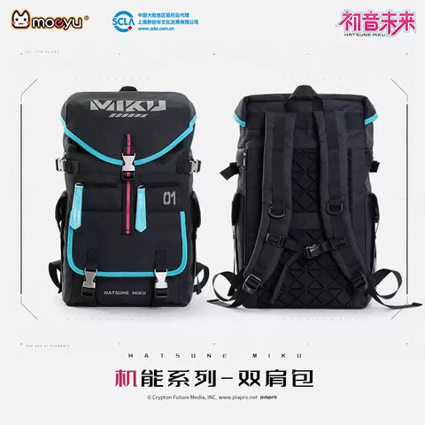 Hatsune Miku Moeyu multi-functional black backpack with turquoise and pink accents, featuring multiple compartments, front pockets, adjustable shoulder straps, and buckle details, shown from the front and back.