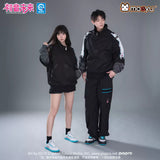 Moeyu Hatsune Miku Neon Electronic Music Series autumn faux two-piece hoodie featuring a layered sleeve design and unisex casual style.