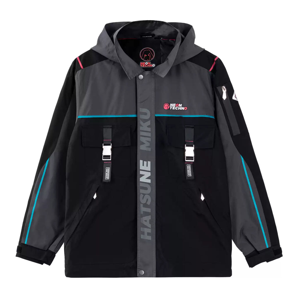 Moeyu Hatsune Miku Neon Electronic Music techwear windbreaker jacket featuring a hooded design and futuristic casual style for men.