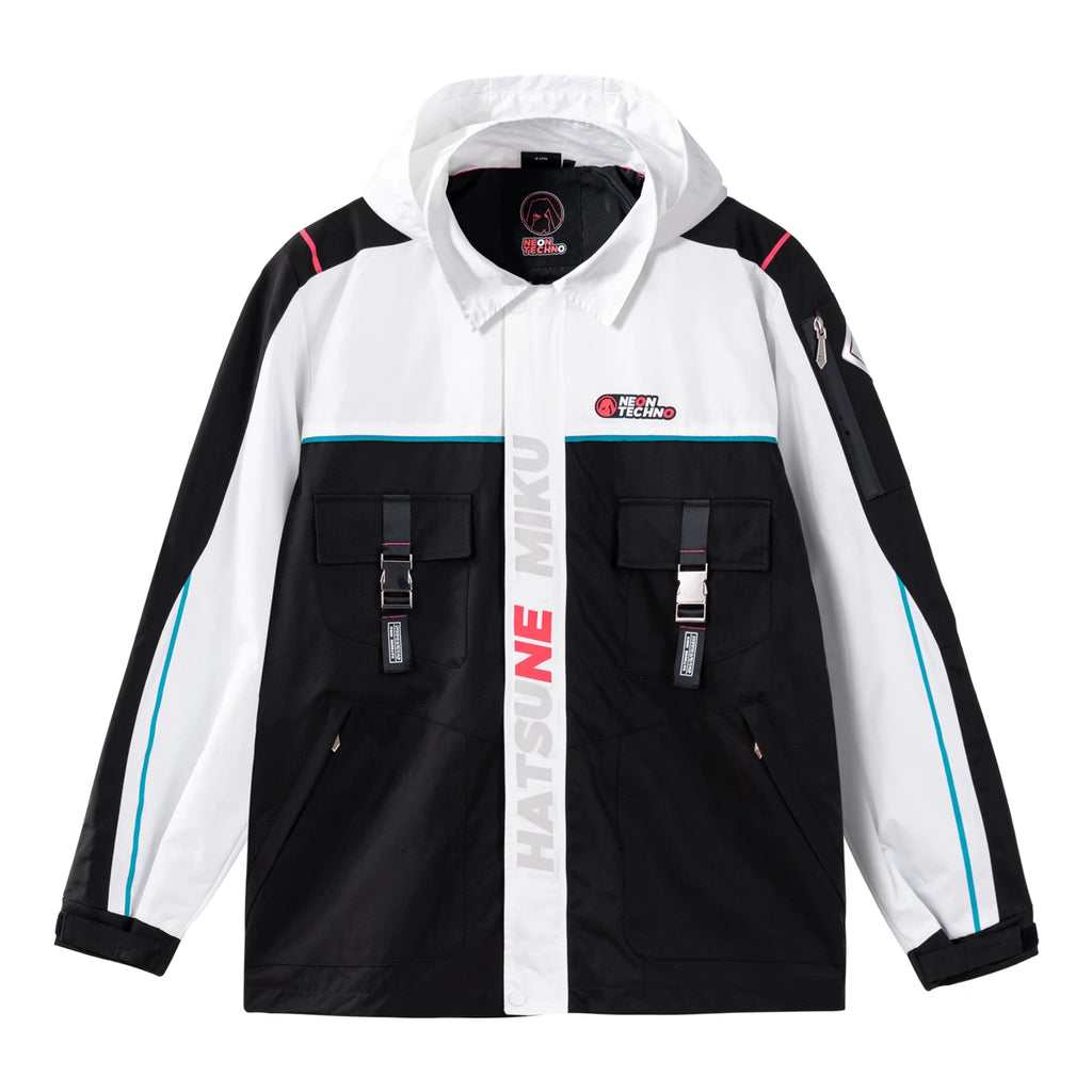 Moeyu Hatsune Miku Neon Electronic Music techwear windbreaker jacket featuring a hooded design and futuristic casual style for men.
