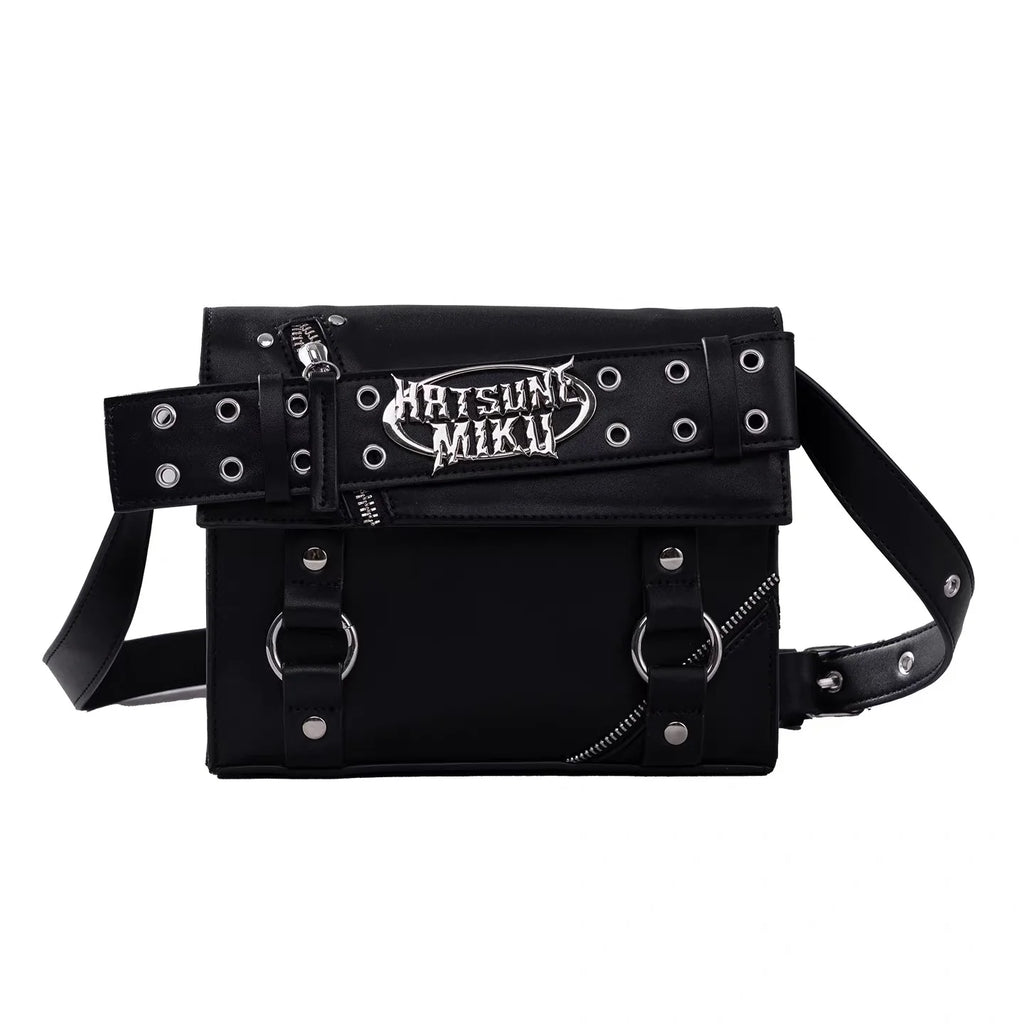 Hatsune Miku Moeyu Rock Future large-capacity crossbody shoulder bag featuring punk-inspired rivet details and a motorcycle-style design.
