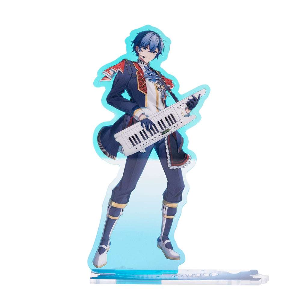 Kaito acrylic stand featuring the blue-haired Vocaloid character in a stylish illustrated design, perfect for displaying on a desk or shelf.