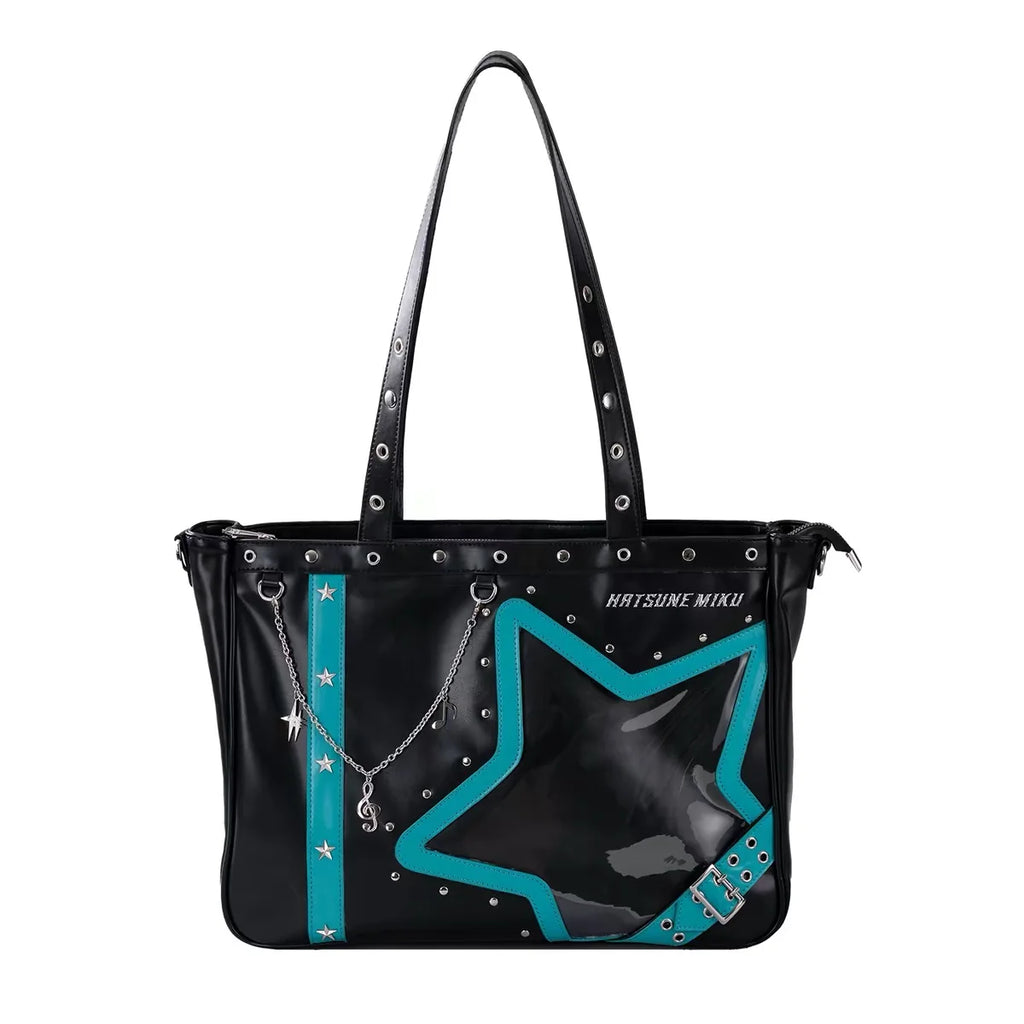 Hatsune Miku Moeyu Rock Future large capacity tote bag with shoulder and crossbody carrying options, featuring a Vocaloid-inspired anime design.