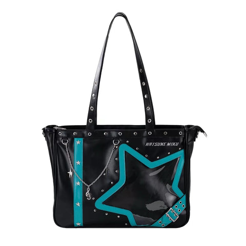 Hatsune Miku Moeyu Rock Future large capacity tote bag with shoulder and crossbody carrying options, featuring a Vocaloid-inspired anime design.
