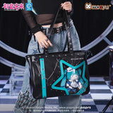 Hatsune Miku Moeyu Rock Future large capacity tote bag with shoulder and crossbody carrying options, featuring a Vocaloid-inspired anime design.