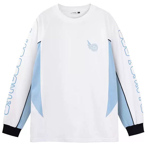 Moeyu Luo Tianyi Innovation Trace collaboration loose-fit color-block sweatshirt with printed and embroidered anime-inspired details.