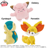 Banpresto Pokémon plush toys featuring pink Clefairy with a winking expression, blue-and-cream Cyndaquil, and yellow-and-orange Fennekin with large ears.