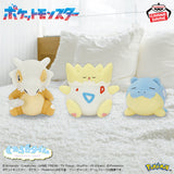 Banpresto Pokémon plush toys featuring Cubone with its signature skull helmet, Togepi with its egg-shaped body, and round blue Spheal.