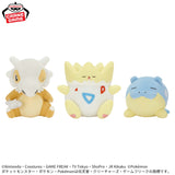 Banpresto Pokémon plush toys featuring Cubone with its signature skull helmet, Togepi with its egg-shaped body, and round blue Spheal.