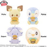 Four Pokemon Peaceful Place plush toys of Pichu, Espeon, Piplup, and Rowlet sitting while holding burgers.
