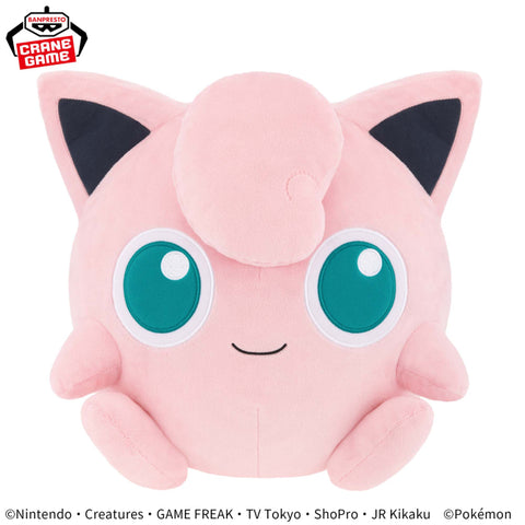 Plush toy of a pink character with large green eyes on a white background