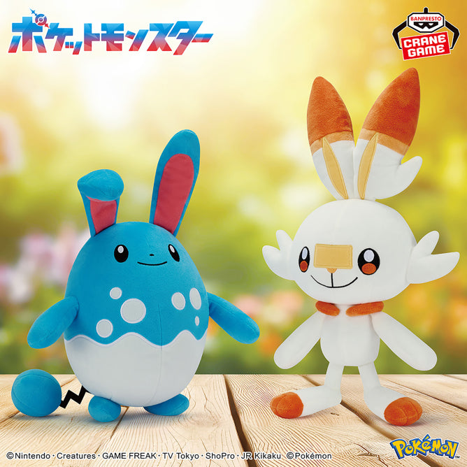 Soft Pokemon Mofugutto plush with Marill and Scorbunny, featuring embroidered details and a cute, collectible design.