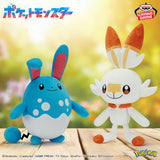 Soft Pokemon Mofugutto plush with Marill and Scorbunny, featuring embroidered details and a cute, collectible design.