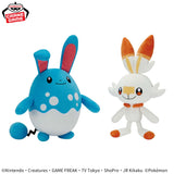 Soft Pokemon Mofugutto plush with Marill and Scorbunny, featuring embroidered details and a cute, collectible design.