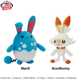 Soft Pokemon Mofugutto plush with Marill and Scorbunny, featuring embroidered details and a cute, collectible design.