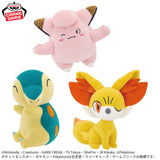 Banpresto Pokémon plush toys featuring pink Clefairy with a winking expression, blue-and-cream Cyndaquil, and yellow-and-orange Fennekin with large ears.
