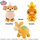 Pokemon plush toy collection featuring Growlithe, Torchic, and Numel. Soft Banpresto Pokemon plushies with adorable character designs, perfect for collectors, fans, and cuddling.