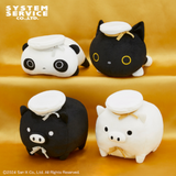 Official San-X monochrome animal plush toy collection featuring a panda, black cat, black pig, and white pig in a round, chubby design with a white mochi on top of each plush.