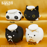 Official San-X monochrome animal plush toy collection featuring a panda, black cat, black pig, and white pig in a round, chubby design with a white mochi on top of each plush. 