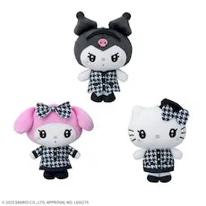 Sanrio Girly Chic Plushies In Houndstooth Outfit - My Melody, Kuromi and Hello Kitty (4 Inches)