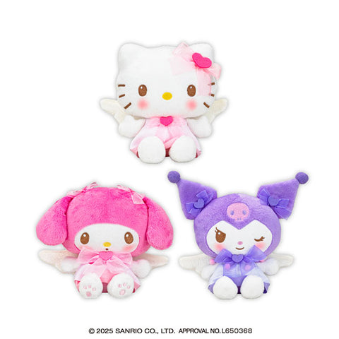 Official Sanrio Characters Fluffy Ribbon Angel Doll 1 Series plush featuring Hello Kitty, My Melody, and Kuromi dressed in fluffy angel-inspired outfits with soft white wings, pastel ribbon accents, embroidered facial details, and plush polyester fabric. A cute and collectible Sanrio prize plush, perfect for display, gifting, or adding to any kawaii collection.