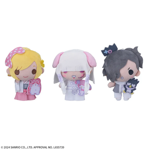 Official Shin Tenchi Kaibyaku Shudan Zigzag × Sanrio Characters Stuffed Animal Vol. 2 plush collection featuring adorable crossover characters dressed in themed Sanrio-inspired outfits with matching accessories and embroidered facial details