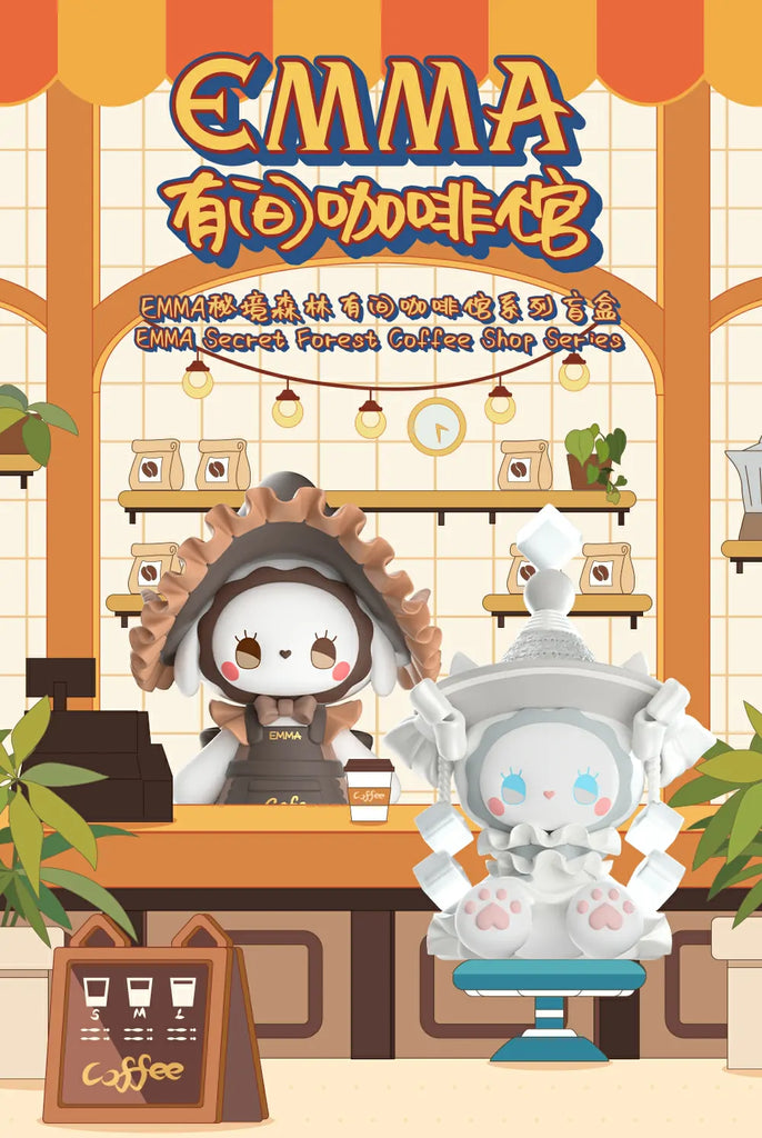Emma Secret Forest coffee shop series product featuring a toy figure set in a designed stock background