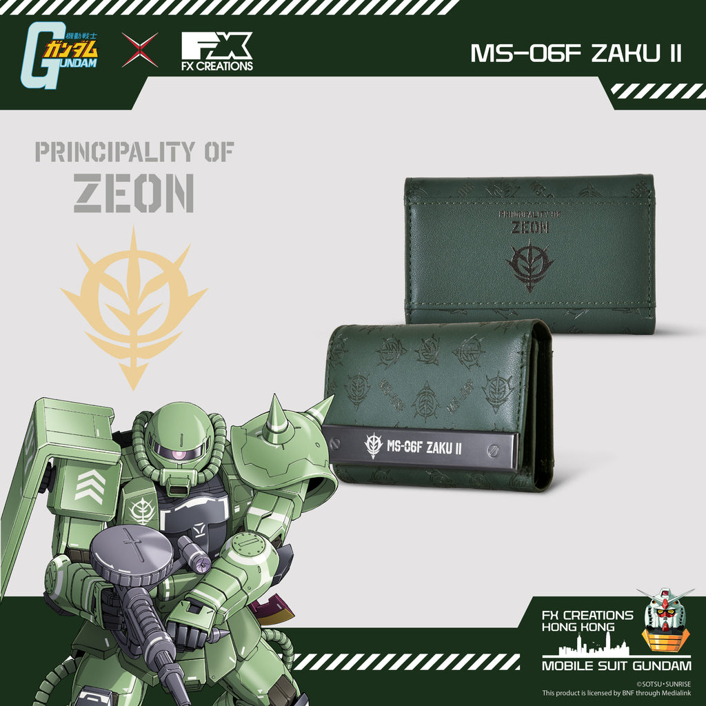 MS-06F ZAKU II leather bi-fold key wallet displayed on a neutral background