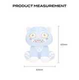 Measurement chart of a blue plush toy with dimensions and caution text on a white background.