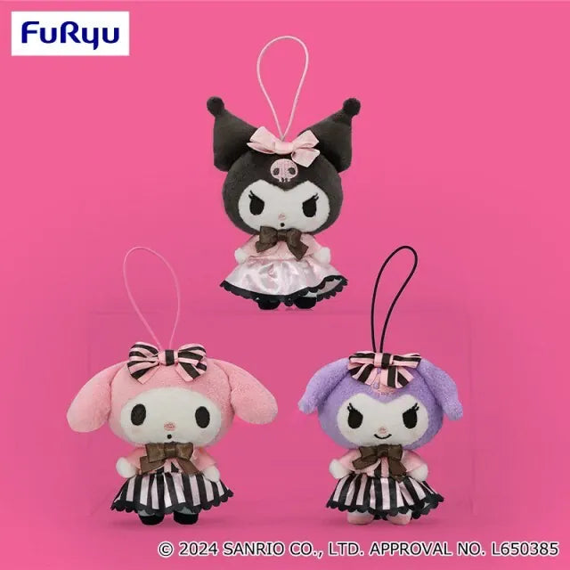 Plush My Melody & Kuromi Lovely Stripe Ribbon Mascot - My Melody, Kuromi Black and Kuromi Purple (4.3 Inches)