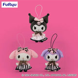 Plush My Melody & Kuromi Lovely Stripe Ribbon Mascot - My Melody, Kuromi Black and Kuromi Purple (4.3 Inches)